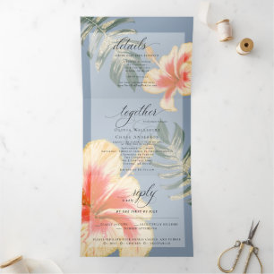 Invitación Tríptica Color de agua amarillo naranja Hibiscus and Foliag