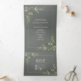 Invitación Tríptica Comidas de boda verde salvia botánico eucalipto