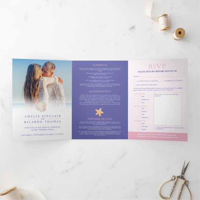 Invitación Tríptica Conchas de arte cardíaco acuarela boda playa (Interior)