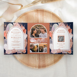 Invitación Tríptica Conchas Rústicas Náuticas Código QR Boda Marina