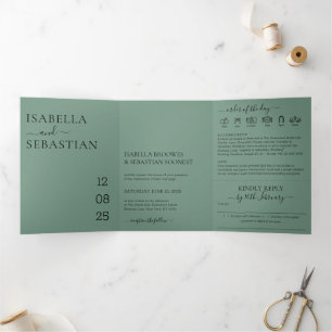 Invitación Tríptica Conjunto completo de azul cadete para boda respond
