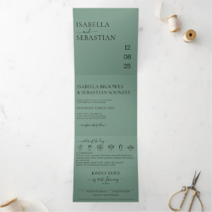 Invitación Tríptica Conjunto completo de azul cadete verde para boda
