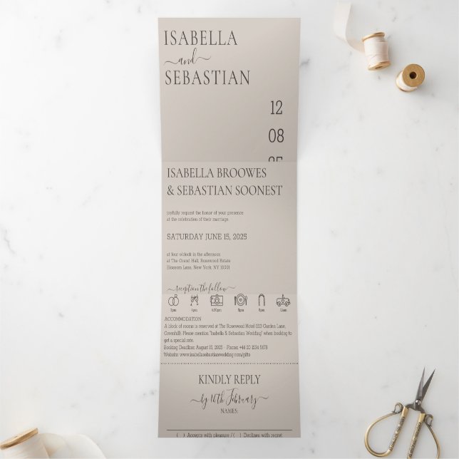 Invitación Tríptica Conjunto completo de beige suave para boda (Interior)
