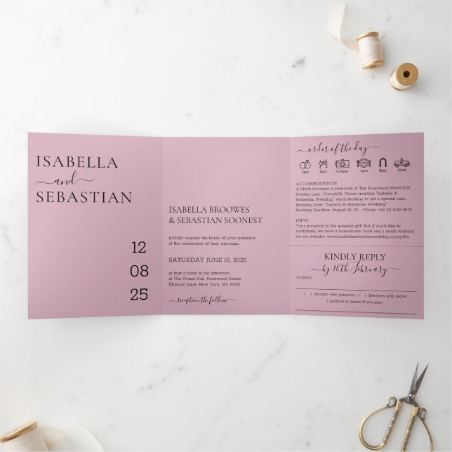 Invitación Tríptica Conjunto de boda rosa claro responder amablemente (Interior)