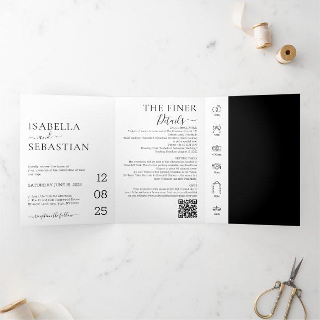 Invitación Tríptica Conjunto formal negro de boda todo en uno (Interior)