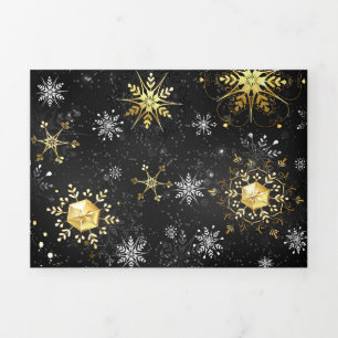 Invitación Tríptica Copo de nieve dorado de Navidad sobre fondo negro