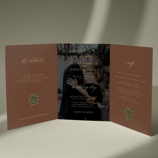 Invitación Tríptica Copper brown gold photo wedding RSVP details QR (Subido por el creador)