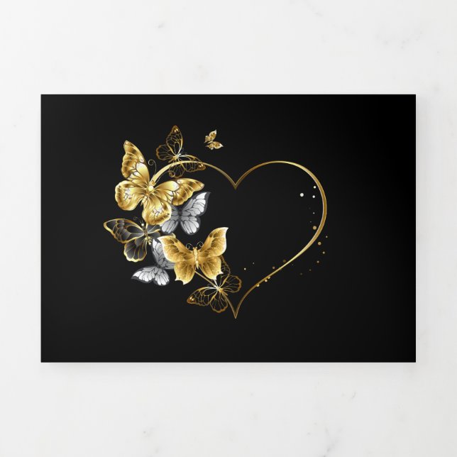 Invitación Tríptica Corazón con mariposas doradas (Foto de portada)