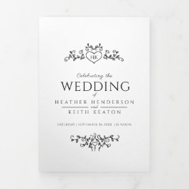Invitación Tríptica Corazón de hoja monograma boda blanco negro todo e