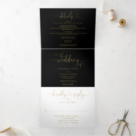 Invitación Tríptica Corazón negro y dorado escritura guion Boda