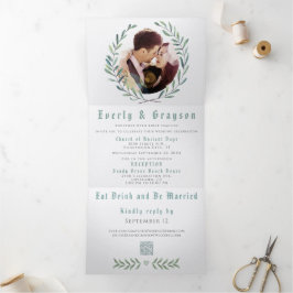 Invitación Tríptica Corona de Boda Bohemio Azul y Verde