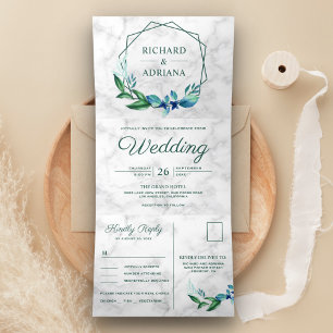 Invitación Tríptica Corona de boda de hoja verde esmeralda geométrica