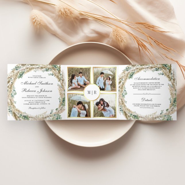 Invitación Tríptica Corona de boda rústica boho pampas eucalipto (Subido por el creador)
