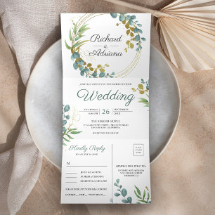 Invitación Tríptica Corona de eucalipto dorado moderno para boda todo