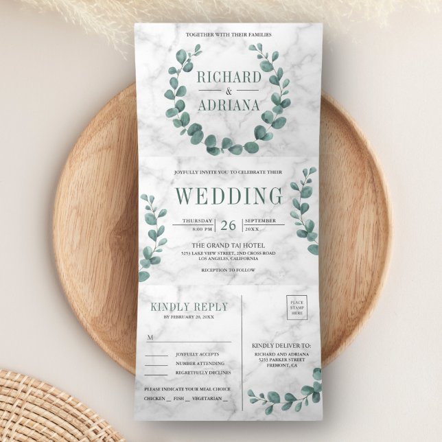 Invitación Tríptica Corona de eucalipto simple para boda de mármol tod (Subido por el creador)