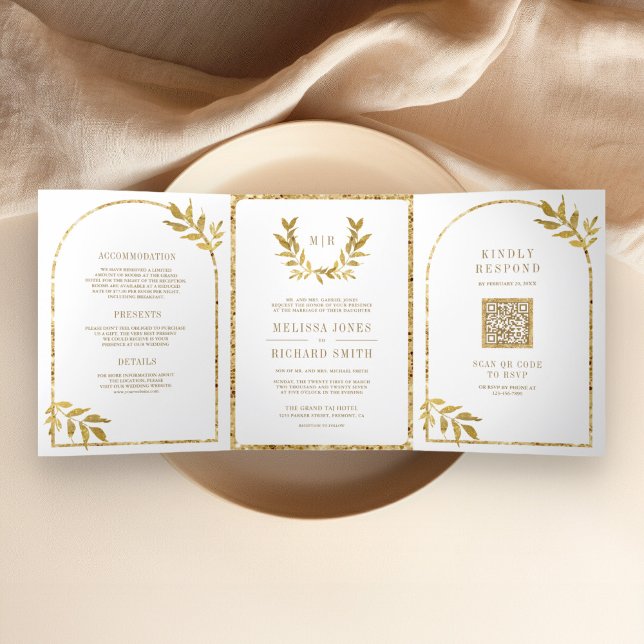 Invitación Tríptica Corona de Laurel Dorado Hojas Blancas Boda (Subido por el creador)