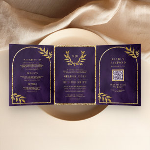Invitación Tríptica Corona de Laurel Dorado Hojas Bodas Púrpura Real