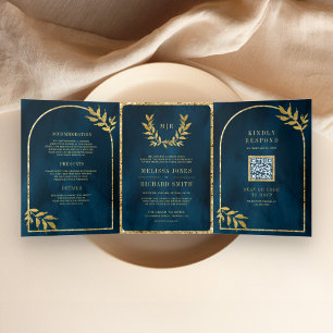 Invitación Tríptica Corona de Laurel Dorado Hojas Océano Azul Boda