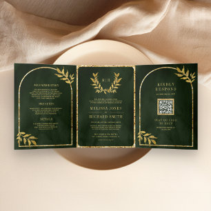 Invitación Tríptica Corona de Laurel Dorado Hojas Verde Oliva Boda