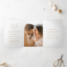 Invitación Tríptica Corona de Oro Monograma Elegante Boda