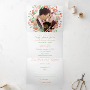 Invitación Tríptica Corona floral de coral rosa rubor verde ceniza bod