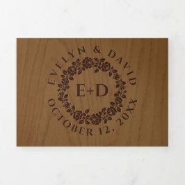 Invitación Tríptica Corona grabado en relieve de rosa de época, boda d