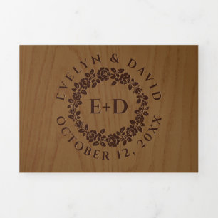 Invitación Tríptica Corona grabado en relieve de rosa de época, boda d