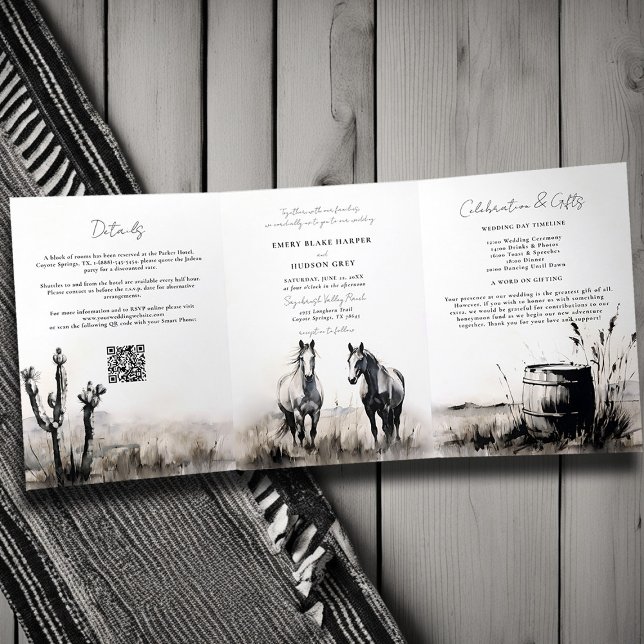 Invitación Tríptica Country Western Cowboy Art Sketch All One Boda (country western wedding invitation tri fold all in one art sketch black white modern formal classic)