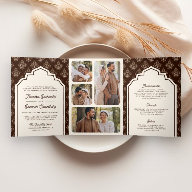 Invitación Tríptica Cream Brown Ikat Collage de fotos Boda indio (Subido por el creador)