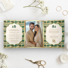 Invitación Tríptica Cream Emerald Green Gold Elephant Boda indio