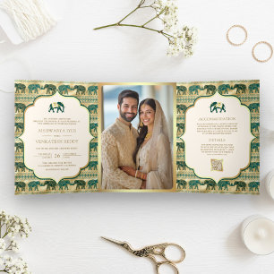 Invitación Tríptica Cream Emerald Green Gold Elephant Boda indio