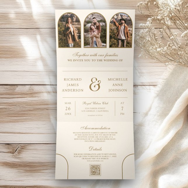 Invitación Tríptica Cream Gold Arch Photo QR code Wedding (Subido por el creador)