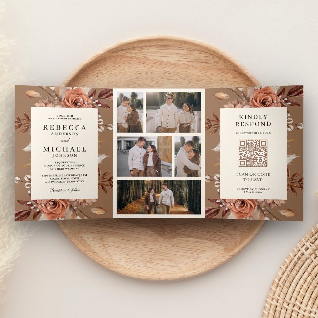 Invitación Tríptica Cream Terracotta Floral QR Code Beige Tan Wedding (Subido por el creador)