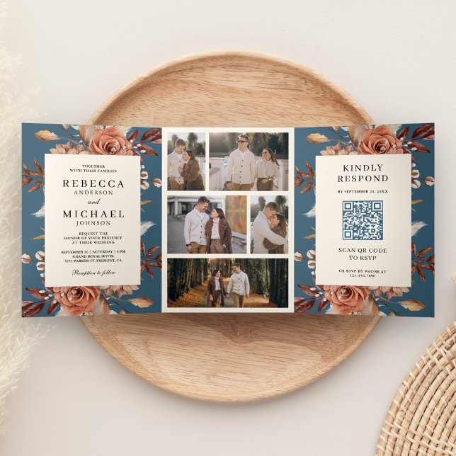 Invitación Tríptica Cream Terracotta Floral QR Code Dusty Blue Wedding (Subido por el creador)
