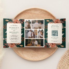 Invitación Tríptica Cream Terracotta Floral QR Code Emerald Wedding
