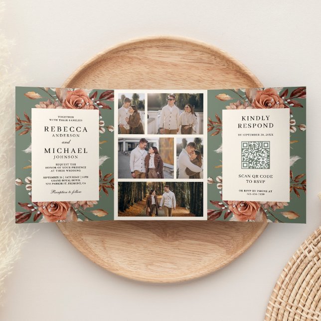 Invitación Tríptica Cream Terracotta Floral QR Code Sage Green Wedding (Subido por el creador)