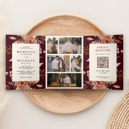 Invitación Tríptica Cream Terracotta Floral QR Código Borgoña Boda