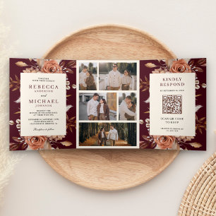 Invitación Tríptica Cream Terracotta Floral QR Código Borgoña Boda