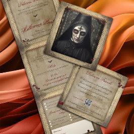 Invitación Tríptica Creepy Gótico Nun QR Code Adultos Halloween