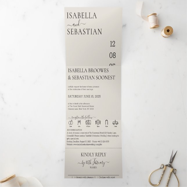 Invitación Tríptica Crema boda Todo en un solo juego (Interior)