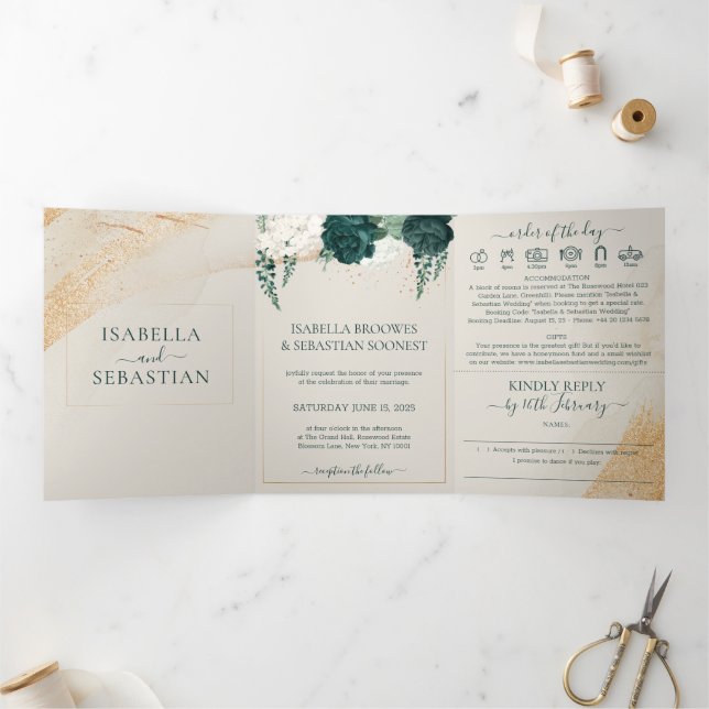 Invitación Tríptica Crema boda Todo en un solo juego de Rosas verde es (Interior)