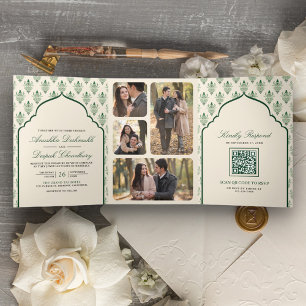 Invitación Tríptica Crema Ikat Verde Esmeralda Todo en Uno Boda India