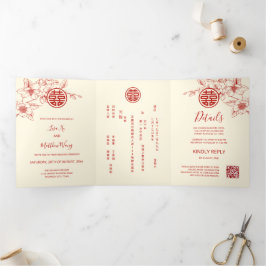 Invitación Tríptica Crema roja Magnolia | Boda chino