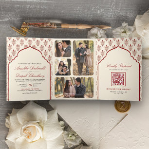 Invitación Tríptica Crema Rojo Ikat Todo en Uno Boda India