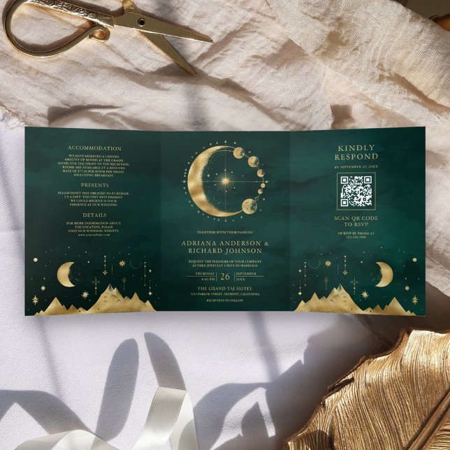 Invitación Tríptica Crescente de Luna Fase de Boda de Oro Esmeralda Ce (Subido por el creador)