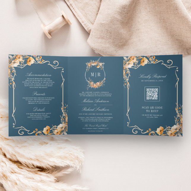 Invitación Tríptica Crest de Flor Silvestre de Otoño Azul Polvo Código (Subido por el creador)