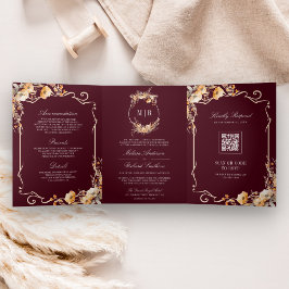 Invitación Tríptica Crest de Flor Silvestre de Otoño Código QR de Boda