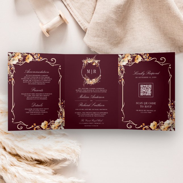 Invitación Tríptica Crest de Flor Silvestre de Otoño Código QR de Boda (Subido por el creador)