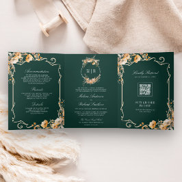 Invitación Tríptica Crest de Flor Silvestre de Otoño Código QR Esmeral
