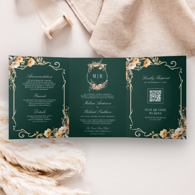 Invitación Tríptica Crest de Flor Silvestre de Otoño Código QR Esmeral (Subido por el creador)